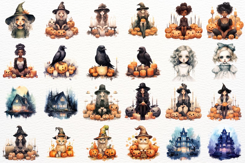 Puede incluir: Una colecci&oacute;n de 16 ilustraciones de acuarela con brujas, gatos, cuervos y casas encantadas. Las ilustraciones est&aacute;n sobre un fondo blanco y presentan una variedad de temas de Halloween.