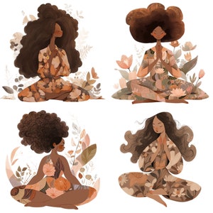 May include: Four illustrations of women meditating in a seated position with their eyes closed. Each woman has dark brown skin and dark brown hair. They are surrounded by floral patterns and foliage in shades of brown, orange, and pink.