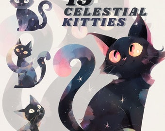 Celestial Black Cat Clipart bundle, cat png, magic clip art, mystical clipart, witchcraft png clipart pagan clipart png, galaxy, transparent