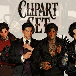 May include: A digital illustration featuring four individuals with dark hair. The text 'CLIPART SET' appears at the top. The figures wear various outfits including a red jumper with a leather jacket, a formal suit, and black shirts with visible tattoos.