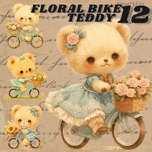 Schattige teddybeer op een vintage fiets digitale sticker, zomer clipart bundel, transparant, instant download, bloemenmand clipart, vintage fiets