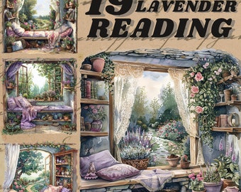 May include: A painting of a cozy reading nook with a window overlooking a garden. The window is draped with white lace curtains and the room is decorated with pillows and throws. The painting is titled "19 Lavender Reading".