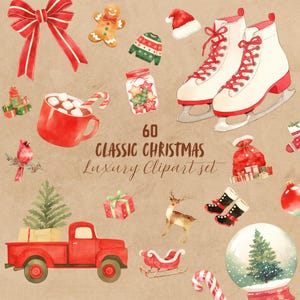 May include: A set of 60 watercolor illustrations featuring classic Christmas imagery. The set includes a red truck, a snowman, a gingerbread man, a reindeer, a snow globe, a candy cane, a stocking, a present, a mug of hot chocolate, a bow, a Christmas tree, a Santa hat, a pair of ice skates, and more.