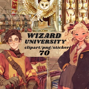 Paquete de imágenes prediseñadas de Wizard University, acogedoras pegatinas de la escuela de magos rojos y dorados, pegatina digital instantánea, lectura, libros, conjunto de png de la escuela de magia