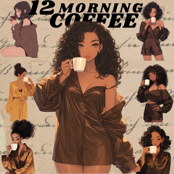 Satin morning coffee digital sticker, clipart bundle, digital sticker, lounge clothes, cozy png, instant download, self care day clipart