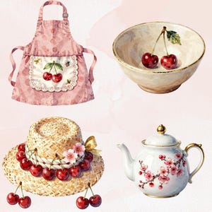 May include: Watercolor illustration of a pink apron with cherry and bee details, a bowl with cherries, a straw hat adorned with cherries and flowers, and a white teapot with cherry blossom accents. The items are arranged on a pink watercolor background.
