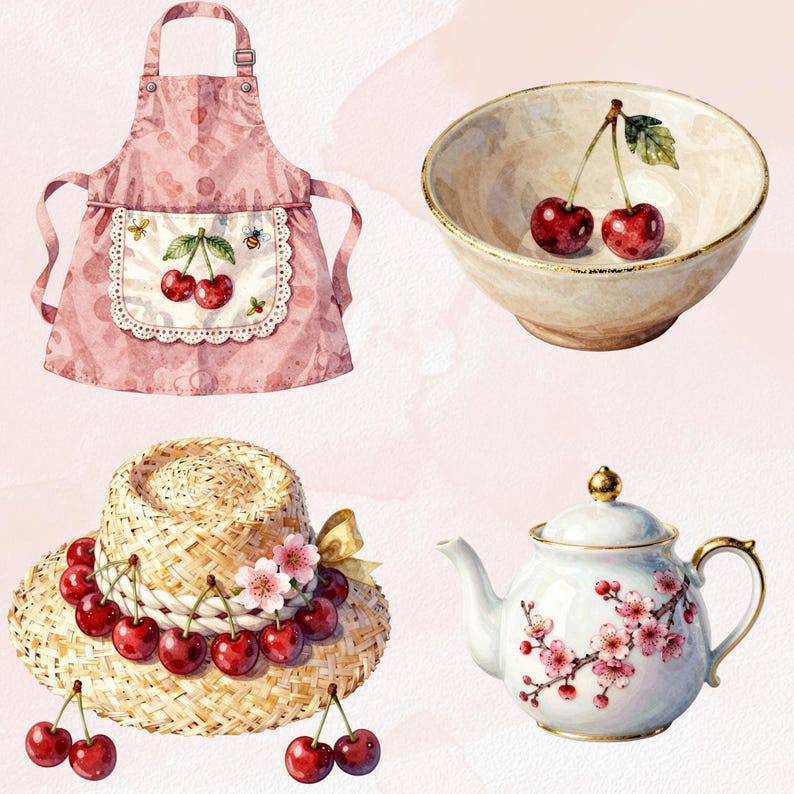 May include: Watercolor illustration of a pink apron with cherry and bee details, a bowl with cherries, a straw hat adorned with cherries and flowers, and a white teapot with cherry blossom accents. The items are arranged on a pink watercolor background.