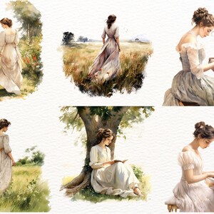 May include: Watercolor illustrations of women in flowing dresses in various outdoor settings. Scenes include women walking in a garden, standing in a field, reading under a tree, and playing a piano. Soft color palette with a vintage aesthetic.