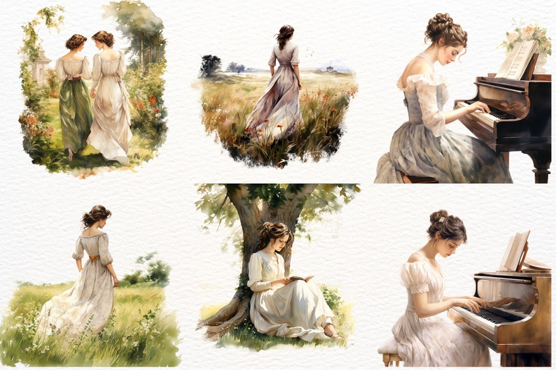 May include: Watercolor illustrations of women in flowing dresses in various outdoor settings. Scenes include women walking in a garden, standing in a field, reading under a tree, and playing a piano. Soft color palette with a vintage aesthetic.