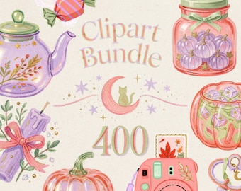 400+ Pastel Fall Clipart PNG Bundle, Girly Witchy Autumn Halloween, Pink Pumpkin, Cozy Floral Animal and Fashion Graphics