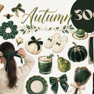 May include: A digital illustration collection featuring autumn-themed items in shades of dark green, cream, and gold. Elements include a champagne bottle, hair bows, a ring, a scrunchie, pumpkins, slippers, a macaron, a drink, a pear, and a mirror.