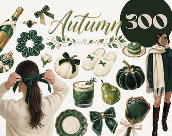 Forest Green Clipart Mega Bundle, Antique Gold Autumn PNG, Luxury Lodge Holiday Illustrations, Woodland Influencer , Cozy Fall Stickers