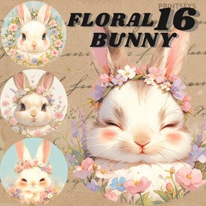 flower crown bunny digital stickers, very cute kawaii bunny clipart, girly png, adorable journaling, transparent  png, junk journaling