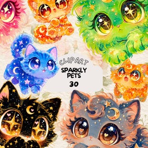 Puede incluir: Una colecci&oacute;n de im&aacute;genes predise&ntilde;adas de gatos brillantes en varios colores, incluyendo azul, naranja, verde y negro. Cada gato tiene ojos grandes y expresivos y detalles celestiales. La imagen incluye el texto "Clipart Sparkly Pets 30."
