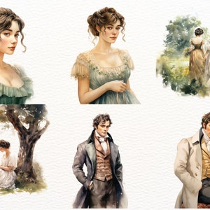 May include: Watercolor illustrations of Regency era figures. The image features portraits of women in elegant gowns and men in formal attire. Scenes include figures in gardens and portraits of individuals.