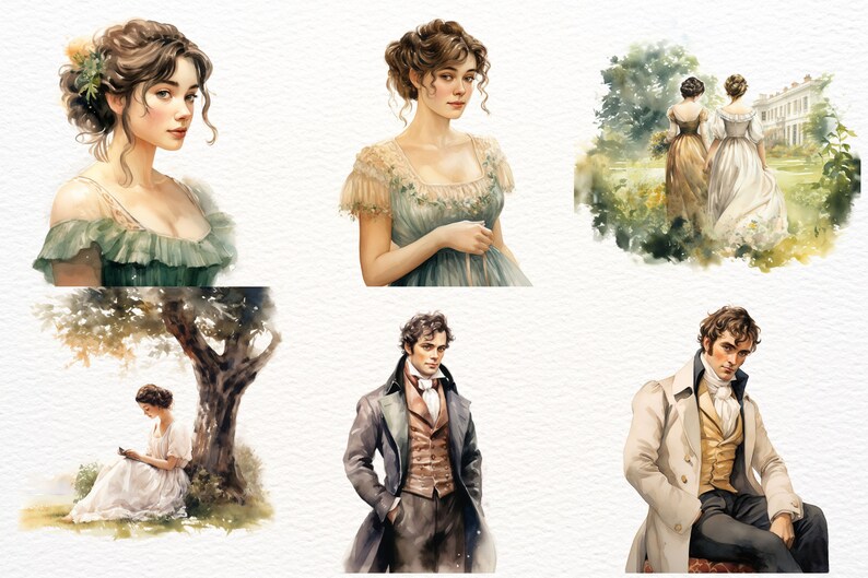 May include: Watercolor illustrations of Regency era figures. The image features portraits of women in elegant gowns and men in formal attire. Scenes include figures in gardens and portraits of individuals.