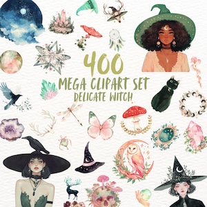 Aquarel natuur heks clipart megabundel, delicate boho heks png bundel, goblincore heks stickers, wicca occulte transparante megabundels