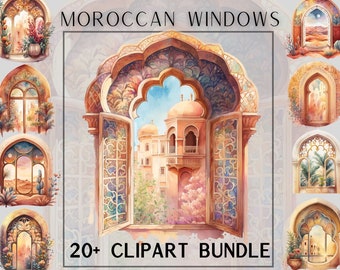 Watercolour Moroccan style window, rustic window, clipart bundle, windowsill, floral window, vintage window, spring florals