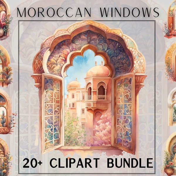 Watercolour Moroccan style window, rustic window, clipart bundle, windowsill, floral window, vintage window, spring florals