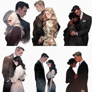 May include: A digital illustration of ten people in pairs. Each pair is made up of a man and a woman. The men are wearing suits and the women are wearing dresses. The background is a light gray.