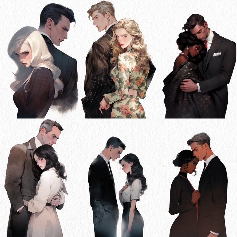 May include: A digital illustration of ten people in pairs. Each pair is made up of a man and a woman. The men are wearing suits and the women are wearing dresses. The background is a light gray.