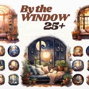 Watercolour fantasy Cozy autumn, autumn windowsill, cozy fall, rain clipart, chill vibes, autumn colours, window clipart