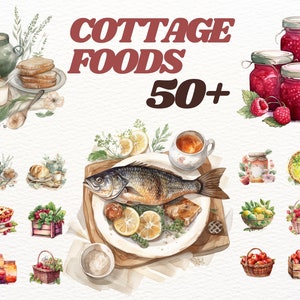 Aquarel Cottagecore Food Clipart Bundle, cottage scrapbboking, rustiek voedsel, taarten, potten jam, rustieke picknick,