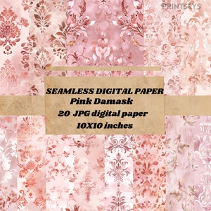 Pink colour Damask Digital Paper, rustic vintage textured paper, scrapbook textures, pink floral paper instant download, seamless pattern
