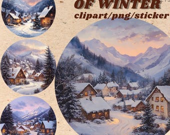 Akvarell vinter snö by landskap clipart bunt, mysig snöig utsikt digitalt klistermärke, läsning, böcker, landskapsklistermärke png, journaling