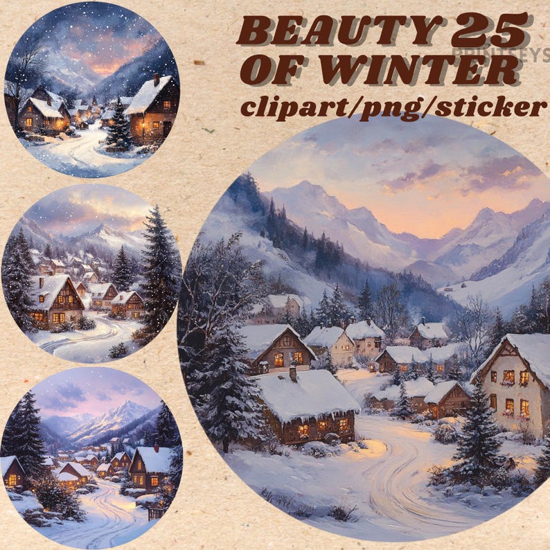 Buy Watercolour Winter Snow Village Landscape Clipart Bundle, Cozy