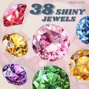 May include: A collection of 38 shiny watercolor jewels in various colors, including red, yellow, pink, purple, green, and blue. The jewels are depicted as gemstones with a faceted design.