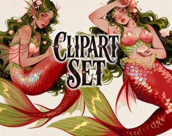 Mermaid Clipart Bundle, Fantasy Mermaid PNG, Siren Clipart, Under the Sea Digital Art, Dreamy Ocean Girl Graphics, Crayon Mermaid Clipart
