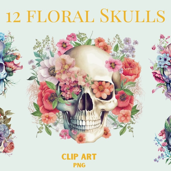 Watercolour Floral Skull Png, Skull Clipart, wiccan clipart, occult clipart, witch png, Flower skull Clipart, commercial use, colorful png