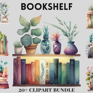 Watercolour Bookshelf cozy reading clipart bundle, bookshelf, bookcase, aesthetic, png, clipart bundle, library, interiour
