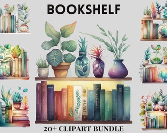 Watercolour Bookshelf cozy reading clipart bundle, bookshelf, bookcase, aesthetic, png, clipart bundle, library, interiour