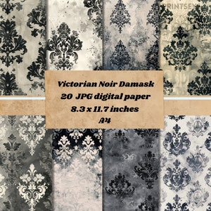 Carta digitale damascata Noir in difficoltà, carta rustica vintage strutturata, texture grunge scrapbooking, download immediato di carta in bianco e nero
