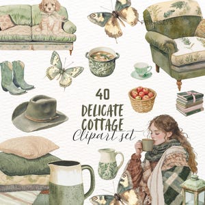 Aquarel gezellige huisje clipart, Cottagecore-illustraties, rustieke clipart, planner stickers, vintage png, digitale download, commercieel gebruik
