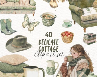 Watercolor Cozy Cottage Clipart, Cottagecore Clip Art, Rustic ClipArt, Planner Stickers, Vintage PNG, Digital Download, Commercial Use