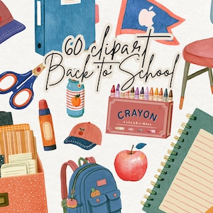 Back to School Clipart, Classic First Day PNG, Cherry Red and Notebook Blue School Supplies, GoodNotes Stickers, Scrapbooking Graphics