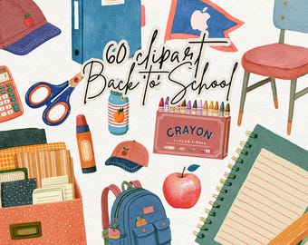 Back to School Clipart, Classic First Day PNG, Cherry Red and Notebook Blue School Supplies, GoodNotes Stickers, Scrapbooking Graphics