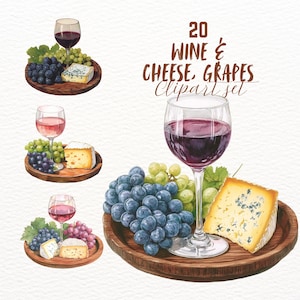 Paquete de imágenes prediseñadas de copas de vino, queso y uvas con acuarela, pegatinas de buenas notas sobre comida, imágenes PNG para relajarse, conjunto de diario digital de refrigerios, imagen transparente
