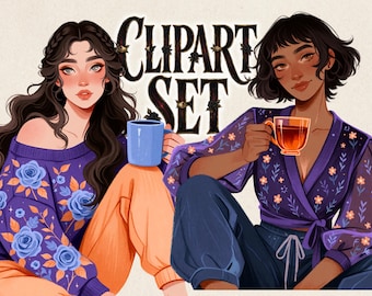 Cozy Fall Lounge Girl Clipart, Autumn Homebody Women PNG, Cute Comfy Outfit Clip Art, Pastel Crayon Girls, Cozy Season Digital Stickers