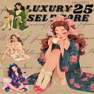 Vintage luxe loungekleding digitale stickers, vrouwelijke journaling, gezellige meisjesachtige png, grillige sticker, transparant, zelfzorg scrapbooking