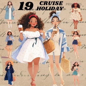 Autocollants numériques fille vacances croisière, lot de cliparts cottagecore, png voile girly, autocollants, journalisation, scrapbooking, autocollant yachting