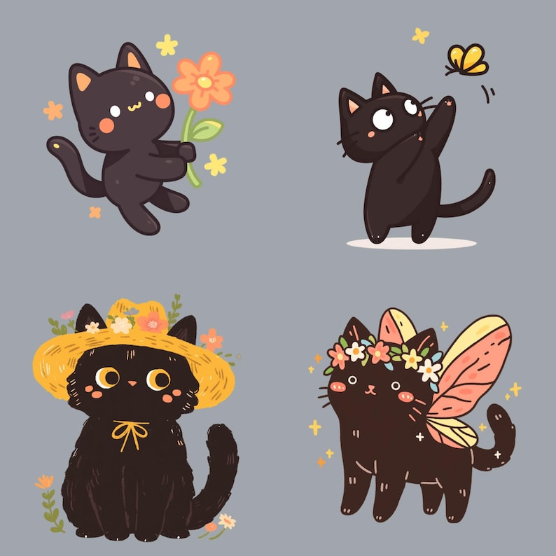May include: Four black cats with different accessories. One cat is holding a flower, another is wearing a straw hat with flowers, another is wearing a flower crown and has butterfly wings, and the last cat is catching a butterfly.