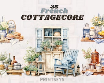 Watercolour French Cottagecore Clipart Bundle , Cottage living, farm life, countryside, sage clipart, french rustic clipart v2