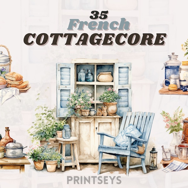 Watercolour French Cottagecore Clipart Bundle , Cottage living, farm life, countryside, sage clipart, french rustic clipart v2