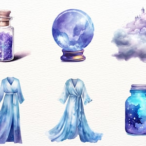 May include: A set of six watercolor illustrations featuring a glass bottle filled with purple glitter, a glass orb with a galaxy design, a cloud with a castle on top, a blue robe with a galaxy design, a glass jar with a galaxy design, and a glass bottle with a galaxy design.