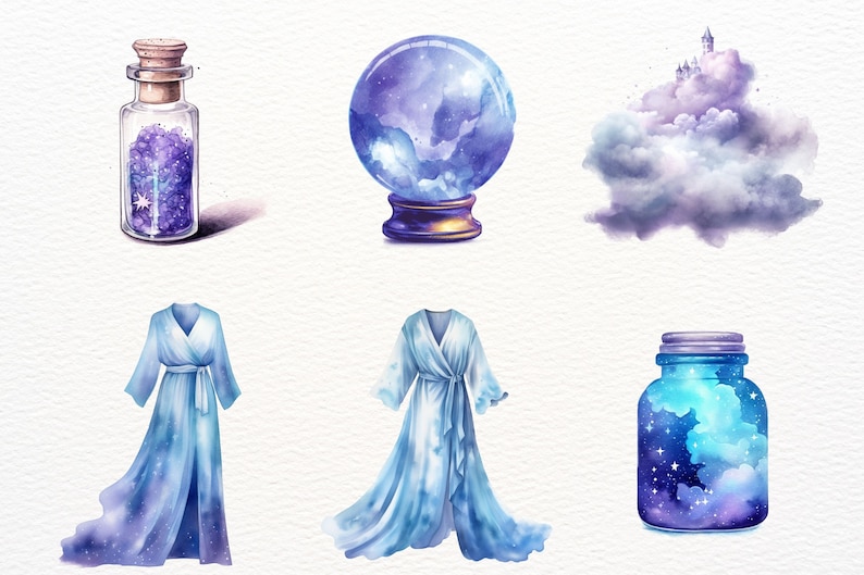 May include: A set of six watercolor illustrations featuring a glass bottle filled with purple glitter, a glass orb with a galaxy design, a cloud with a castle on top, a blue robe with a galaxy design, a glass jar with a galaxy design, and a glass bottle with a galaxy design.