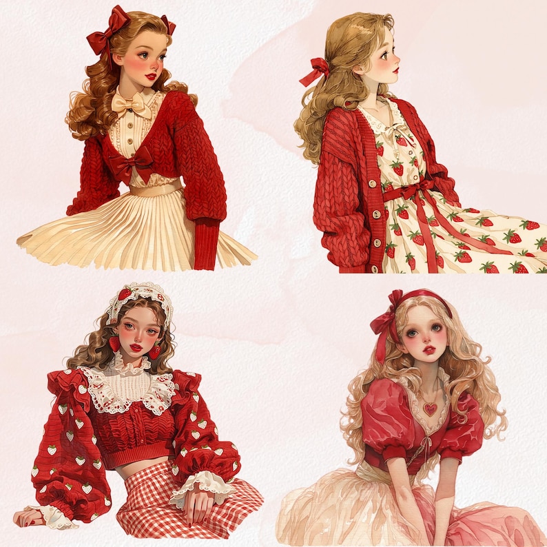 May include: Four illustrations of women in vintage-inspired outfits. Each woman is wearing a red sweater or cardigan, paired with skirts or dresses. The dresses feature strawberry patterns. The overall aesthetic is soft and romantic, with a focus on red and cream colors.